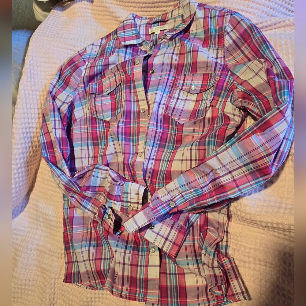 Pink Blue White Plaid Snap Long Sleeve Pocketed Top Size L by Ci Sono